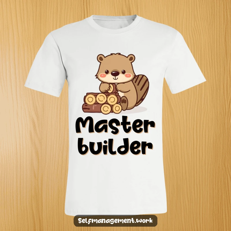 Funny t-shirt with a diligent beaver character precisely stacking small wooden logs into a neat structure, symbolizing hard work.