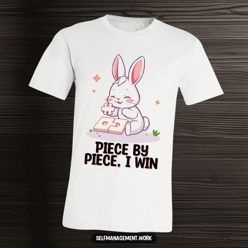 Funny T-Shirt of an energetic rabbit character diligently completing a simple jigsaw puzzle, showcasing enthusiasm and a strong focus on the task.