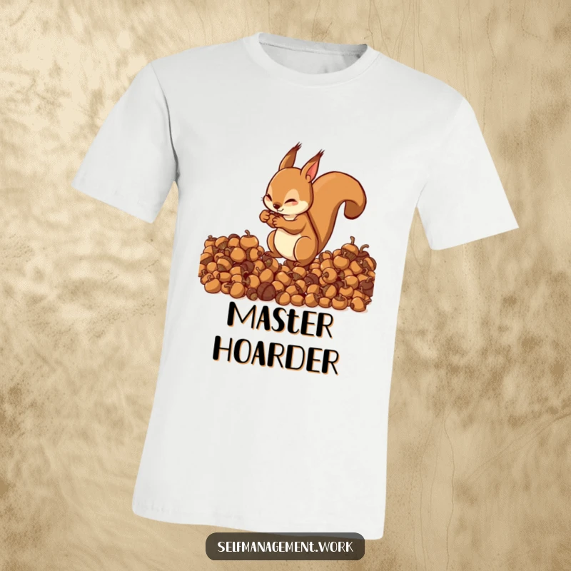 Energetic squirrel character meticulously sorting acorns into neat piles, humorous t-shirt graphic.