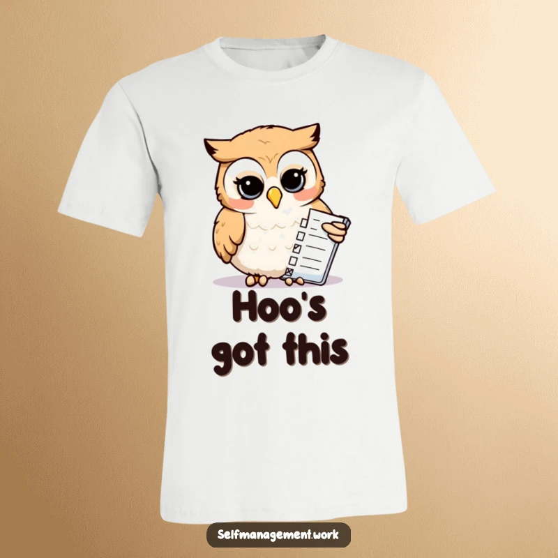 Funny T-Shirt: Calm owl using its beak to meticulously check off items on a list, embodying humor and organization.