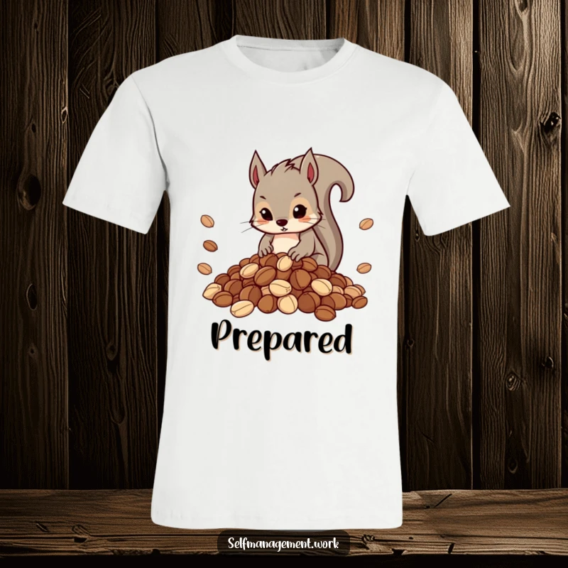 Funny t-shirt with a determined squirrel character meticulously organizing a neat, impressive pile of nuts, symbolizing focus.