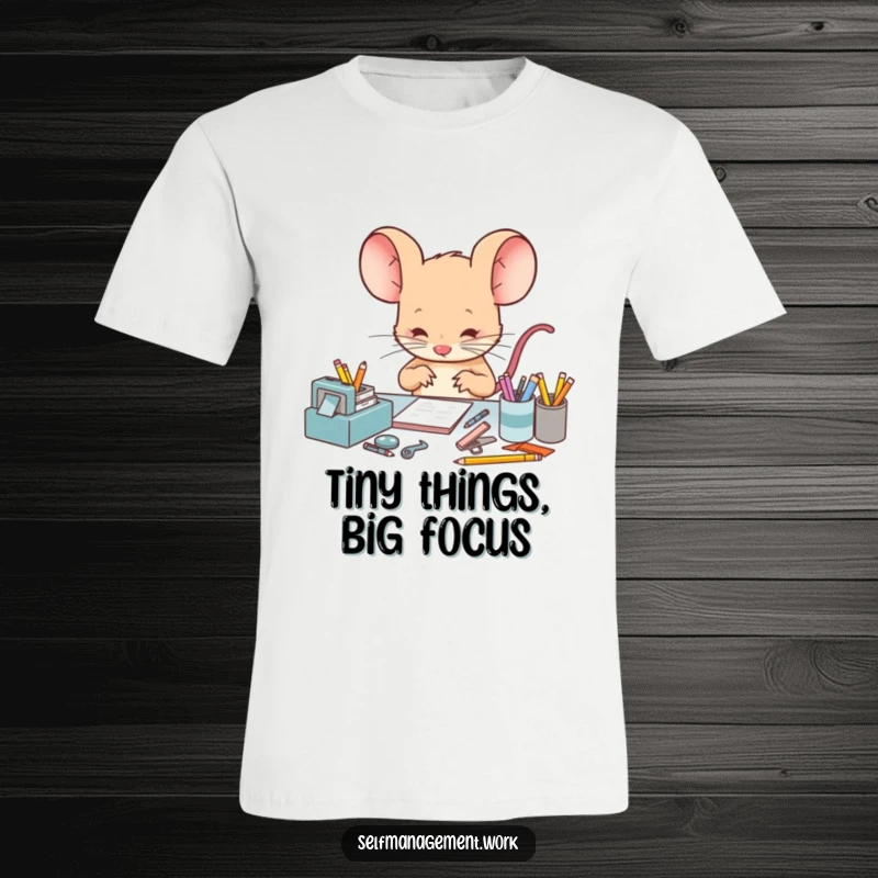 Funny T-Shirt of a focused mouse character meticulously arranging tiny desk supplies, highlighting extreme attention to detail and a humorous, dedicated work ethic.
