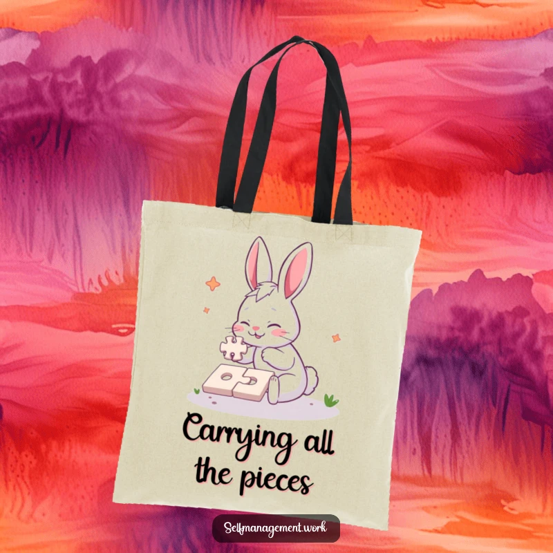 Funny Tote Bag depicting an energetic rabbit character diligently completing a simple jigsaw puzzle, perfect for carrying essentials with a humorous flair.