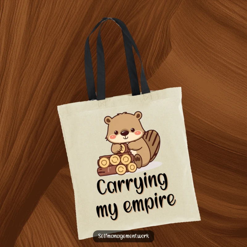 Funny tote bag showing a diligent beaver organizing small wooden logs, great for everyday use.