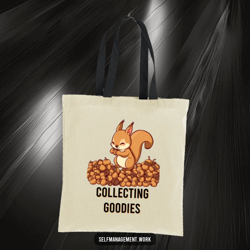 Energetic squirrel character organizing acorns into neat piles, durable tote bag, humorous accessory.