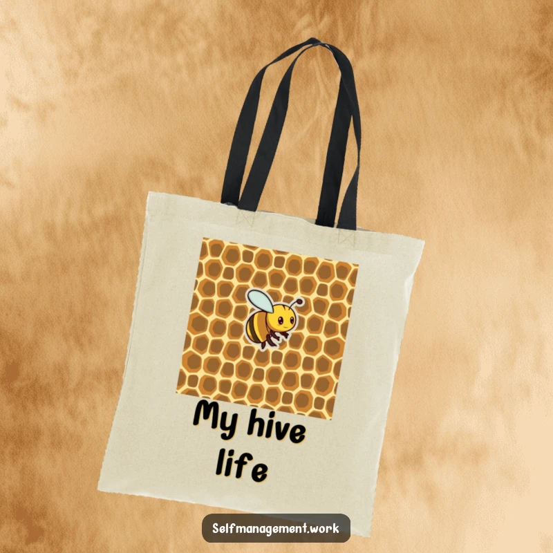 Funny Tote Bag: A busy bee crafting a perfectly organized honeycomb, showcasing humor and practical organization for everyday use.
