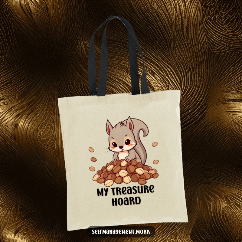 Funny tote bag showing a determined squirrel organizing a neat pile of nuts, great for everyday use.