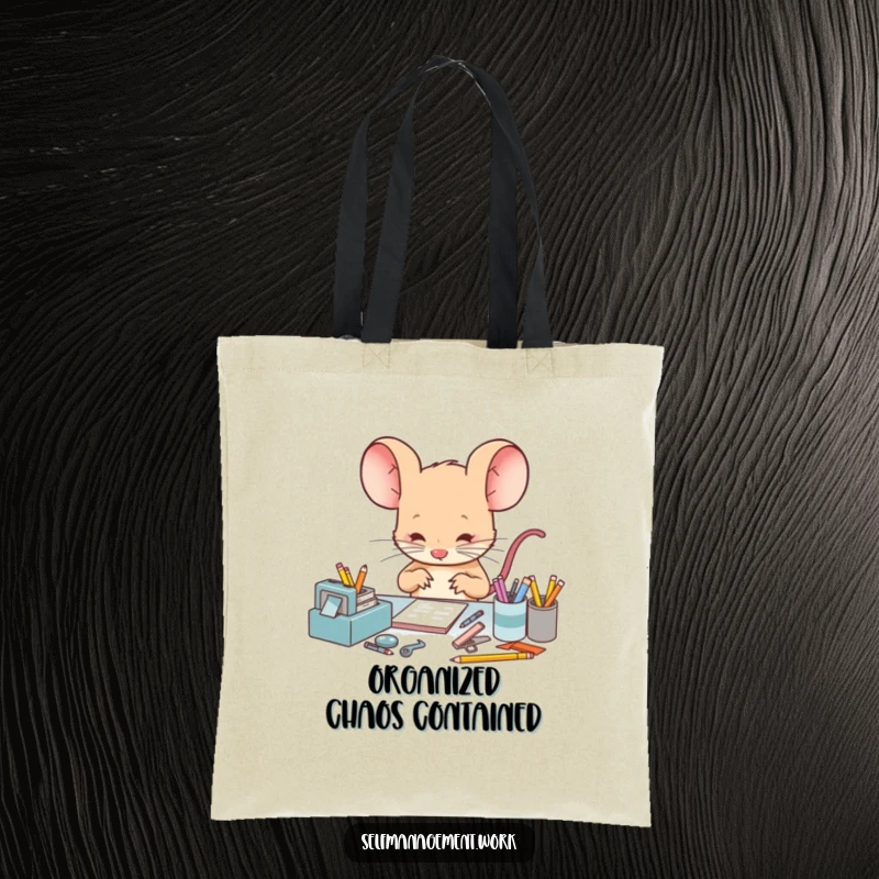 Funny Tote Bag with a tiny, focused mouse character meticulously arranging desk supplies, showing off a humorous dedication to order and tidiness.